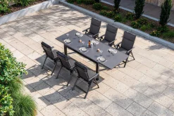 Online Premium Garten-Essgruppe, anthrazit matt/schwarz, Alu/Spraystone/Textilene, 160/260 x 100 cm, 6 Klappstühle inkl. 6 Auflagen Garten-Essgruppen