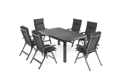 Online Premium Garten-Essgruppe, anthrazit matt/schwarz, Alu/Spraystone/Textilene, 160/260 x 100 cm, 6 Klappstühle inkl. 6 Auflagen Garten-Essgruppen