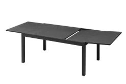 Hot Premium Garten-Essgruppe, anthrazit matt/schwarz/natur, Alu/Spraystone, Tisch 160/260 x 100 cm, 6 Stapelsessel inkl. 6 Auflagen Garten-Essgruppen