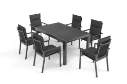 Discount Premium Garten-Essgruppe, anthrazit matt/schwarz, Alu/Spraystone/Textilene, Tisch 160/260 x 100 cm, ausziehbar, 6 Stapelsessel inkl. 6 Auflagen Garten-Essgruppen
