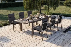 Discount Premium Garten-Essgruppe, anthrazit matt/schwarz, Alu/Spraystone/Textilene, Tisch 160/260 x 100 cm, ausziehbar, 6 Stapelsessel inkl. 6 Auflagen Garten-Essgruppen