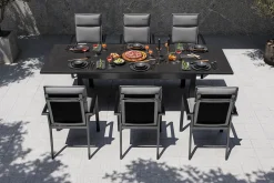 Discount Premium Garten-Essgruppe, anthrazit matt/schwarz, Alu/Spraystone/Textilene, Tisch 160/260 x 100 cm, ausziehbar, 6 Stapelsessel inkl. 6 Auflagen Garten-Essgruppen