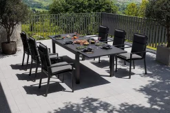 Discount Premium Garten-Essgruppe, anthrazit matt/schwarz, Alu/Spraystone/Textilene, Tisch 160/260 x 100 cm, ausziehbar, 6 Stapelsessel inkl. 6 Auflagen Garten-Essgruppen