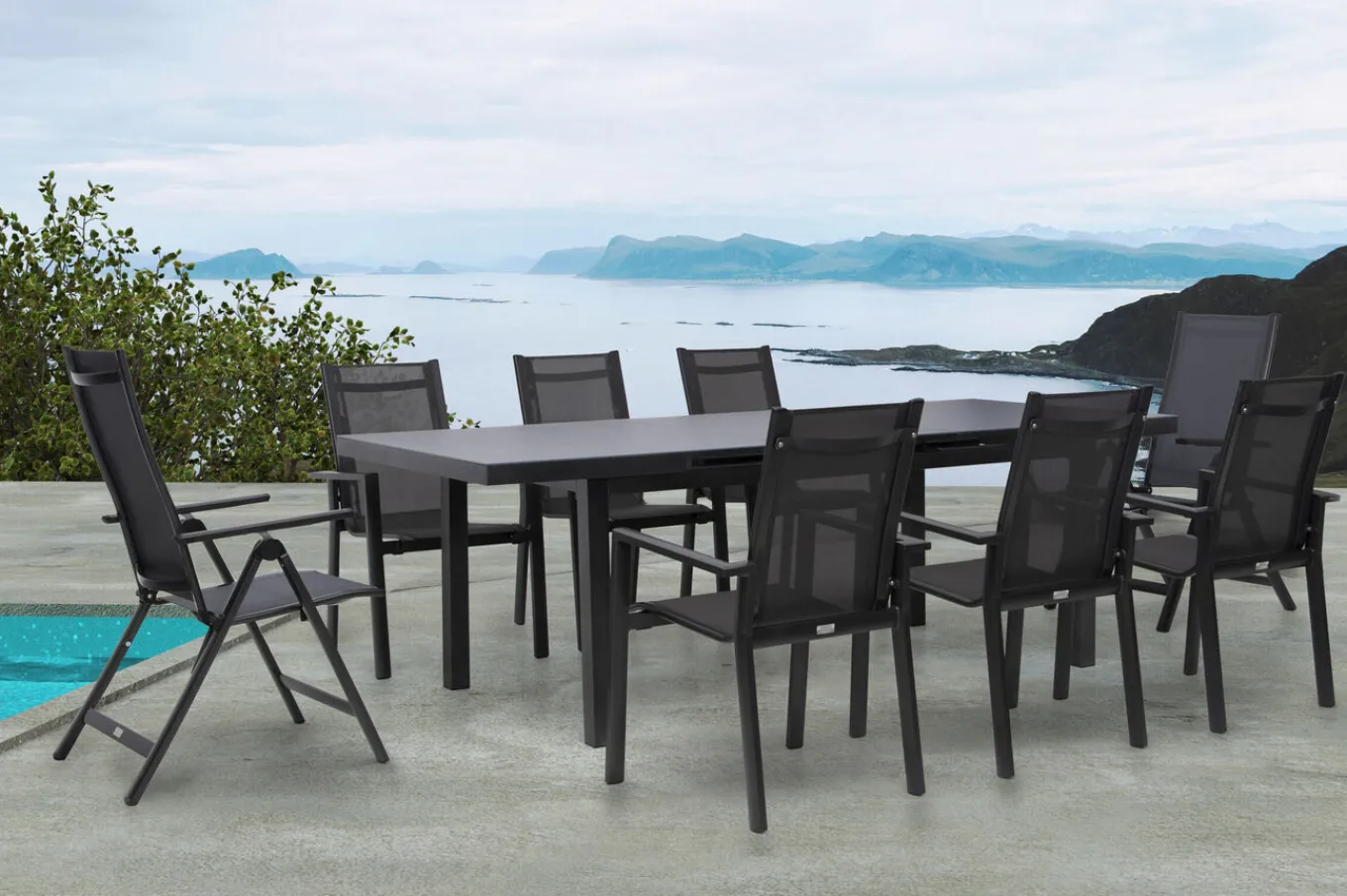 Best Premium Garten-Essgruppe, anthrazit/grau, Alu/Textilene, Ausziehtisch 180/240 x 100 cm, 6 Stapel-, 2 Klappstühle Garten-Essgruppen|Aluminium-Gartenmöbel