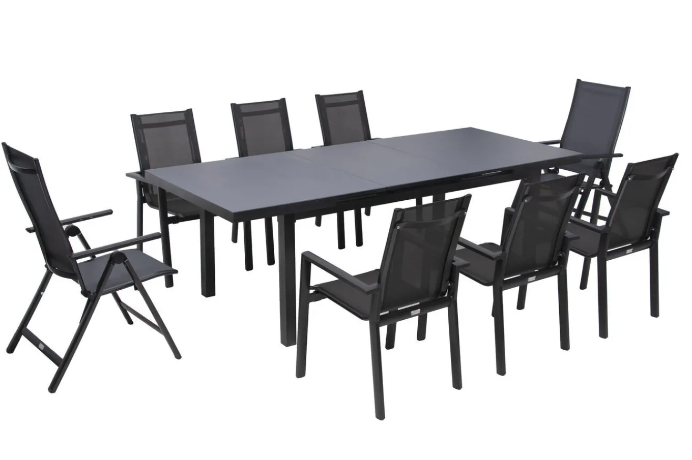 Best Premium Garten-Essgruppe, anthrazit/grau, Alu/Textilene, Ausziehtisch 180/240 x 100 cm, 6 Stapel-, 2 Klappstühle Garten-Essgruppen|Aluminium-Gartenmöbel