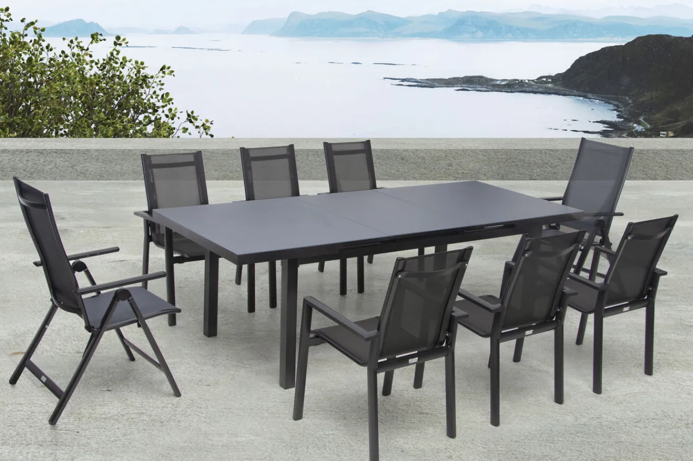 Best Premium Garten-Essgruppe, anthrazit/grau, Alu/Textilene, Ausziehtisch 180/240 x 100 cm, 6 Stapel-, 2 Klappstühle Garten-Essgruppen|Aluminium-Gartenmöbel