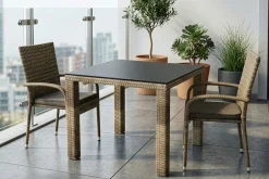 Clearance Rabida Balkon-Set, champagner-meliert, Polyrattan, Tisch 90x90 cm, 2 Stapelstühle, Glasplatte in Steinoptik Balkonmöbel-Set|Polyrattan-Gartenmöbel