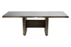 Clearance Rabida Dining Tisch, champagner-meliert, Polyrattan, 220 x 100 cm, Glasplatte in Steinoptik Gartentische|Polyrattan-Gartenmöbel