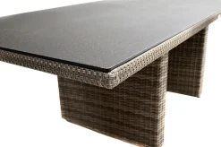 Clearance Rabida Dining Tisch, champagner-meliert, Polyrattan, 220 x 100 cm, Glasplatte in Steinoptik Gartentische|Polyrattan-Gartenmöbel