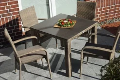 Online Rabida Dining Tisch, champagner-meliert, Polyrattan, 90 x 90 cm, Glasplatte in Steinoptik Gartentische|Polyrattan-Gartenmöbel