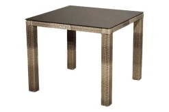 Online Rabida Dining Tisch, champagner-meliert, Polyrattan, 90 x 90 cm, Glasplatte in Steinoptik Gartentische|Polyrattan-Gartenmöbel