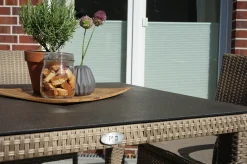 Online Rabida Dining Tisch, champagner-meliert, Polyrattan, 90 x 90 cm, Glasplatte in Steinoptik Gartentische|Polyrattan-Gartenmöbel