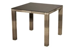 Outlet Rabida Garten-Essgruppe, champagner-meliert, Polyrattan, Tisch 90 x 90 cm, 4 Stapelstühle, Glasplatte in Steinoptik Polyrattan-Gartenmöbel|Garten-Essgruppen
