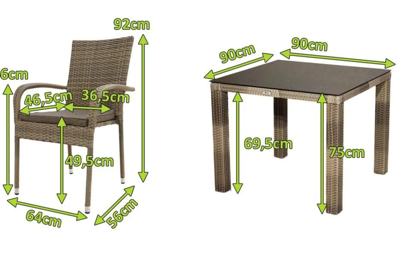 Outlet Rabida Garten-Essgruppe, champagner-meliert, Polyrattan, Tisch 90 x 90 cm, 4 Stapelstühle, Glasplatte in Steinoptik Polyrattan-Gartenmöbel|Garten-Essgruppen