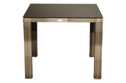 Outlet Rabida Garten-Essgruppe, champagner-meliert, Polyrattan, Tisch 90 x 90 cm, 4 Stapelstühle, Glasplatte in Steinoptik Polyrattan-Gartenmöbel|Garten-Essgruppen