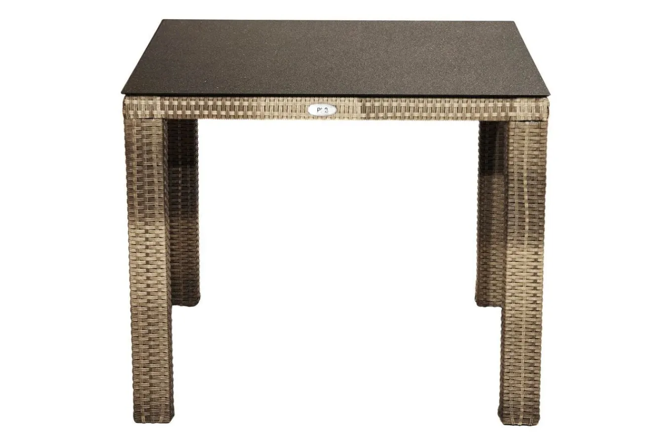 Rabida Garten-Essgruppe, champagner-meliert, Polyrattan, Tisch 90 x 90 cm, 4 Stapelsessel, Glasplatte in Steinoptik Polyrattan-Gartenmöbel|Garten-Essgruppen
