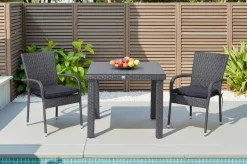 Hot Rocking Balkon-Set, grau/braun-meliert, Polyrattan, Tisch 90x90 cm, 2 Stapelstühle, Glasplatte in Steinoptik Balkonmöbel-Set|Polyrattan-Gartenmöbel