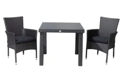 Hot Rocking Balkon-Set, grau/braun-meliert, Polyrattan, Tisch 90x90 cm, 2 Stapelsessel, Glasplatte in Steinoptik Balkonmöbel-Set|Polyrattan-Gartenmöbel