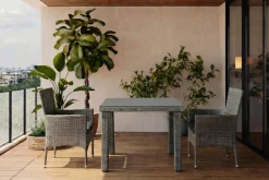Hot Rocking Balkon-Set, grau/braun-meliert, Polyrattan, Tisch 90x90 cm, 2 Stapelsessel, Glasplatte in Steinoptik Balkonmöbel-Set|Polyrattan-Gartenmöbel