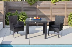 Hot Rocking Balkon-Set, grau/braun-meliert, Polyrattan, Tisch 90x90 cm, 2 Stapelsessel, Glasplatte in Steinoptik Balkonmöbel-Set|Polyrattan-Gartenmöbel