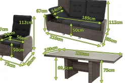 Rocking Comfort Garten-Essgruppe, grau/braun-meliert, Polyrattan, Tisch 220 x 100 cm, 3 Loungesessel+3-Sitzer Polyrattan-Gartenmöbel|Garten-Essgruppen