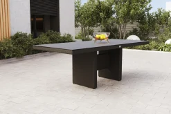 Rocking Dining Tisch, grau/braun-meliert, Polyrattan, 220 x 100 cm, Glasplatte in Steinoptik Gartentische|Polyrattan-Gartenmöbel