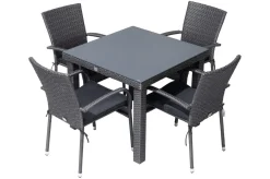 Sale Rocking Garten-Essgruppe, grau/braun-meliert, Polyrattan, Tisch 90 x 90 cm, 4 Stapelstühle, Glasplatte in Steinoptik Polyrattan-Gartenmöbel|Garten-Essgruppen