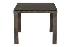 Sale Rocking Garten-Essgruppe, grau/braun-meliert, Polyrattan, Tisch 90 x 90 cm, 4 Stapelstühle, Glasplatte in Steinoptik Polyrattan-Gartenmöbel|Garten-Essgruppen