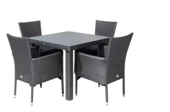 Hot Rocking Garten-Essgruppe, grau/braun-meliert, Polyrattan, Tisch 90 x 90 cm, 4 Stapelsessel, Glasplatte in Steinoptik Polyrattan-Gartenmöbel|Garten-Essgruppen