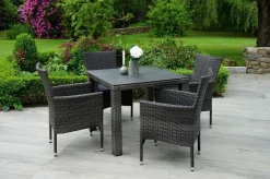 Hot Rocking Garten-Essgruppe, grau/braun-meliert, Polyrattan, Tisch 90 x 90 cm, 4 Stapelsessel, Glasplatte in Steinoptik Polyrattan-Gartenmöbel|Garten-Essgruppen