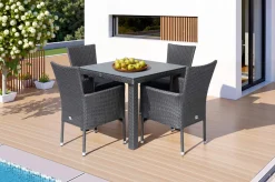 Hot Rocking Garten-Essgruppe, grau/braun-meliert, Polyrattan, Tisch 90 x 90 cm, 4 Stapelsessel, Glasplatte in Steinoptik Polyrattan-Gartenmöbel|Garten-Essgruppen