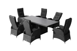 Rocking Garten-Essgruppe, grau/schwarz, Polyrattan, Tisch 220 x 100 cm, 6 Sessel Polyrattan-Gartenmöbel|Garten-Essgruppen