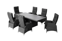 Rocking Garten-Essgruppe, grau/schwarz, Polyrattan, Tisch 220 x 100 cm, 6 Sessel Polyrattan-Gartenmöbel|Garten-Essgruppen