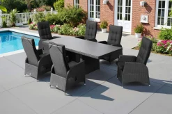 Rocking Garten-Essgruppe, grau/schwarz, Polyrattan, Tisch 220 x 100 cm, 6 Sessel Polyrattan-Gartenmöbel|Garten-Essgruppen