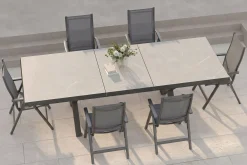Discount Serro Garten-Essgruppe, schwarz/grau, Alu / Steinimitat / Textilene, Tisch 200/260 x 100 cm, 6 Klappstühle Aluminium-Gartenmöbel