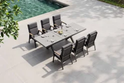 Sale Serro Garten-Essgruppe, schwarz/anthrazit, Alu/Steinimitat/Teak, Tisch 200/260 x 100 cm, ausziehbar, 6 Stapelsessel Garten-Essgruppen