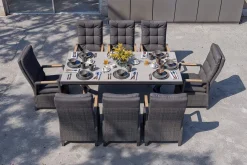 Sale Serro Garten-Essgruppe, schwarz/anthrazit/grau, Alu/Polyrattan/Steinimitat, 200/260 x 100 cm, 8 Diningsessel, FSC®-zertifiziert, ausziehbar Garten-Essgruppen