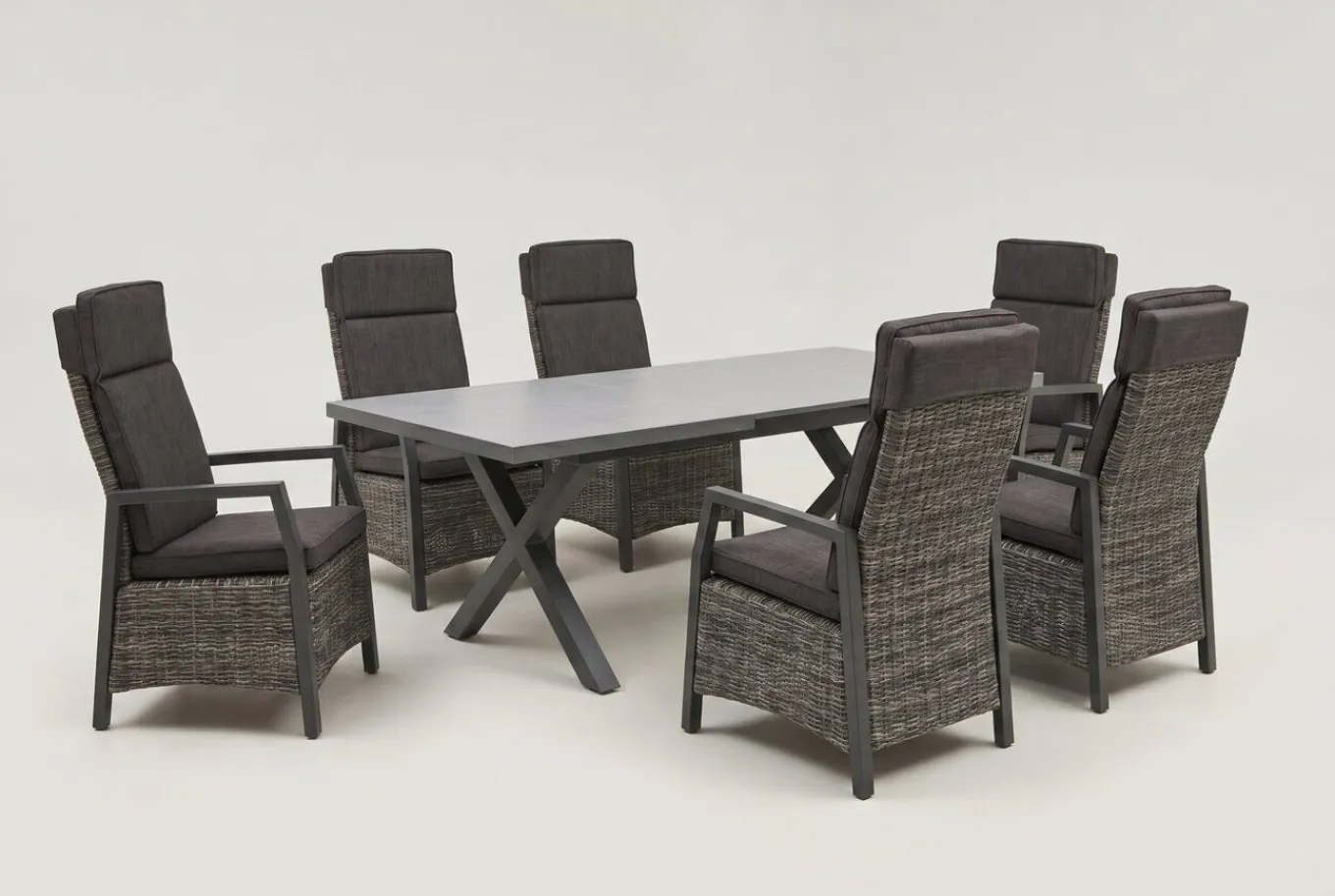 Hot Serro Garten-Essgruppe, schwarz/anthrazit/grau, Aluminium/Polyrattan/Steinimitat, Tisch 200/260 x 100 cm, 6 Diningsessel Garten-Essgruppen