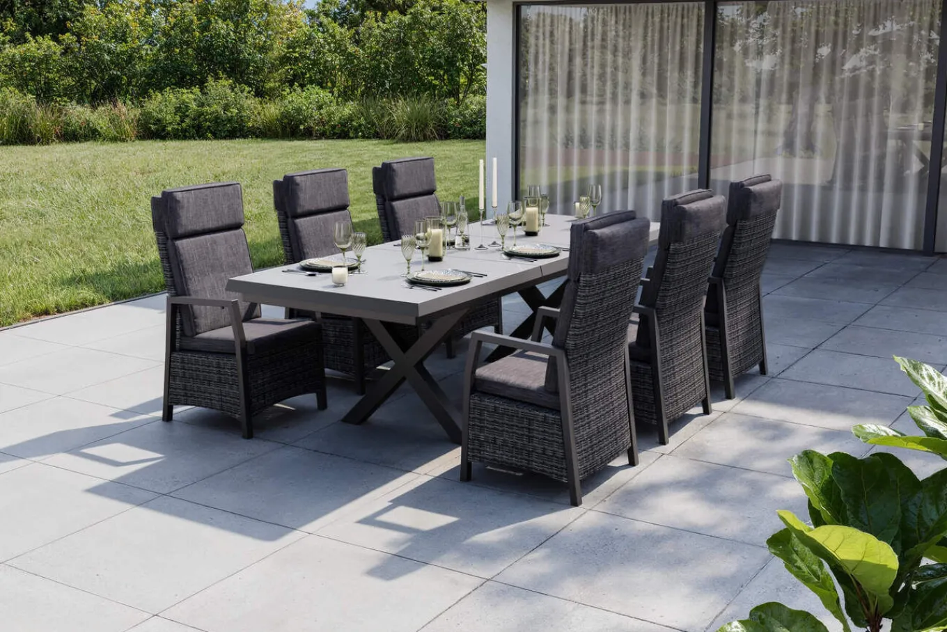Hot Serro Garten-Essgruppe, schwarz/anthrazit/grau, Aluminium/Polyrattan/Steinimitat, Tisch 200/260 x 100 cm, 6 Diningsessel Garten-Essgruppen