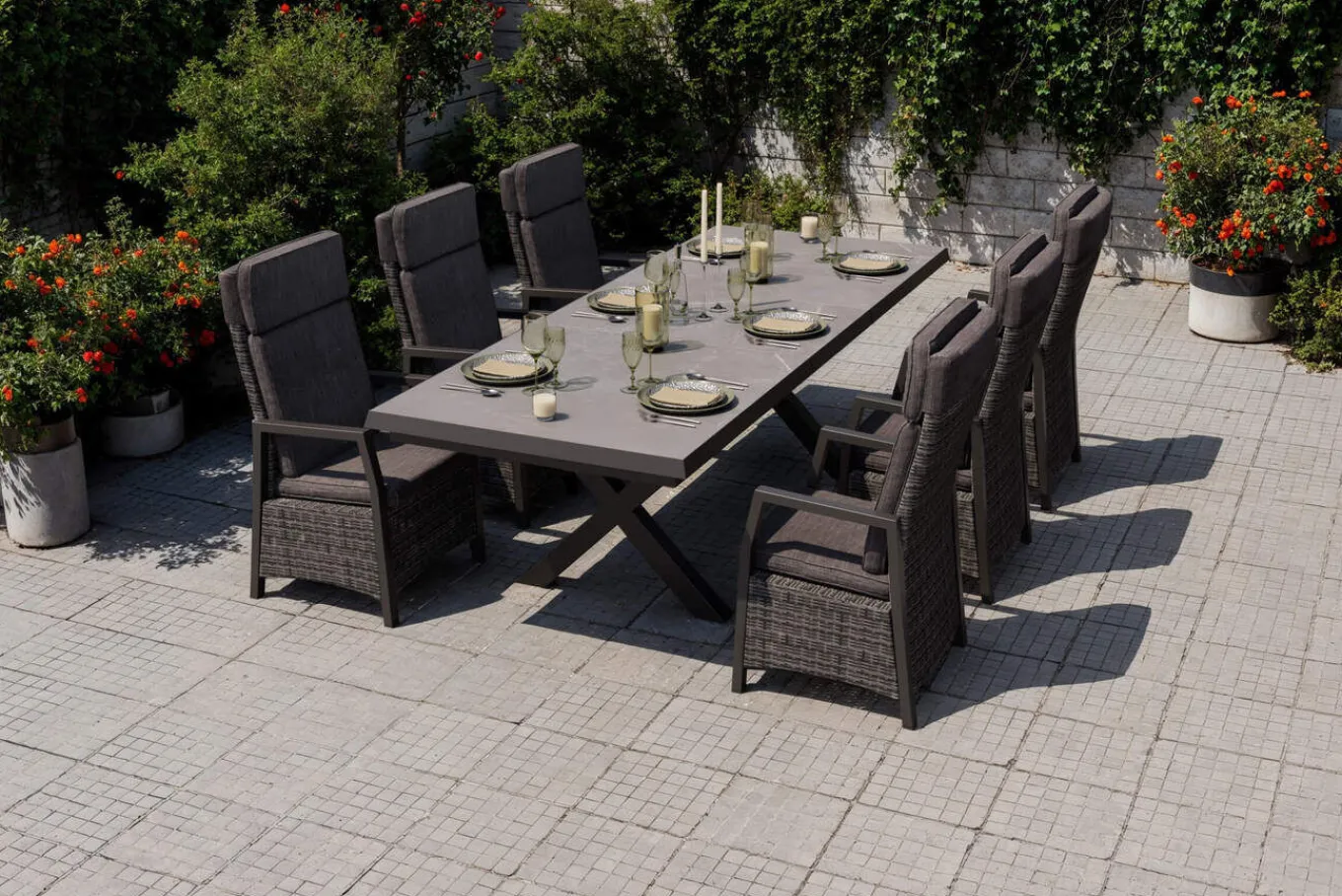 Hot Serro Garten-Essgruppe, schwarz/anthrazit/grau, Aluminium/Polyrattan/Steinimitat, Tisch 200/260 x 100 cm, 6 Diningsessel Garten-Essgruppen