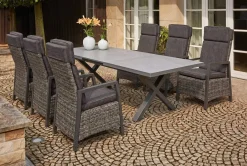 Hot Serro Garten-Essgruppe, schwarz/anthrazit/grau, Aluminium/Polyrattan/Steinimitat, Tisch 200/260 x 100 cm, 6 Diningsessel Garten-Essgruppen