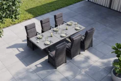 Hot Serro Garten-Essgruppe, schwarz/anthrazit/grau, Aluminium/Polyrattan/Steinimitat, Tisch 200/260 x 100 cm, 6 Diningsessel Garten-Essgruppen