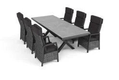 Hot Serro Garten-Essgruppe, schwarz/anthrazit/grau, Aluminium/Polyrattan/Steinimitat, Tisch 200/260 x 100 cm, 6 Diningsessel Garten-Essgruppen