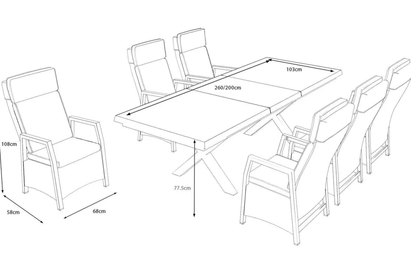 Hot Serro Garten-Essgruppe, schwarz/anthrazit/grau, Aluminium/Polyrattan/Steinimitat, Tisch 200/260 x 100 cm, 6 Diningsessel Garten-Essgruppen
