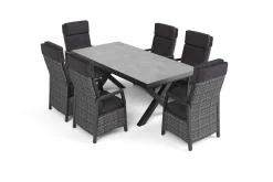 Hot Serro Garten-Essgruppe, schwarz/anthrazit/grau, Aluminium/Polyrattan/Steinimitat, Tisch 200/260 x 100 cm, 6 Diningsessel Garten-Essgruppen