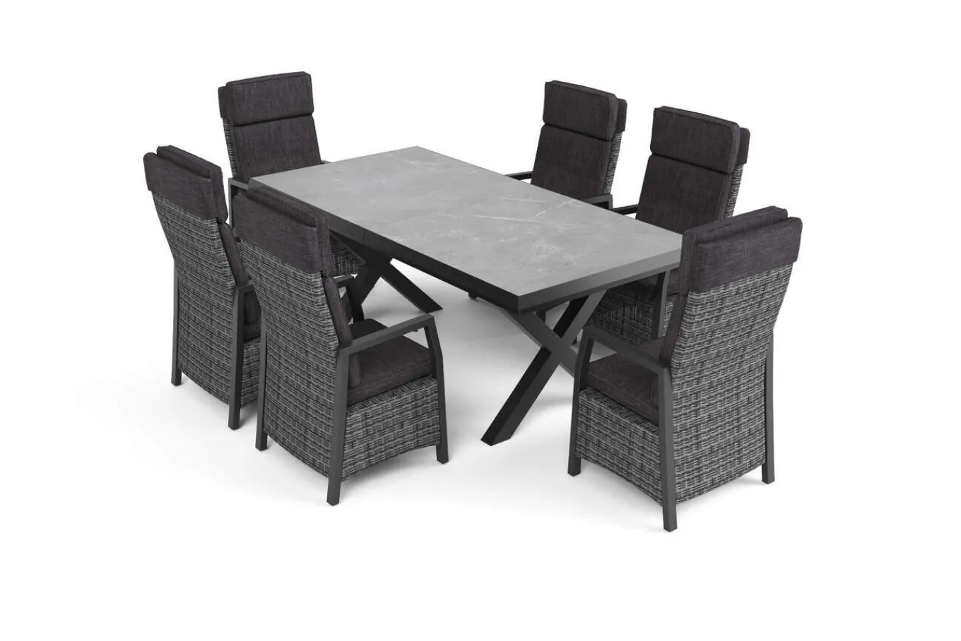 Hot Serro Garten-Essgruppe, schwarz/anthrazit/grau, Aluminium/Polyrattan/Steinimitat, Tisch 200/260 x 100 cm, 6 Diningsessel Garten-Essgruppen