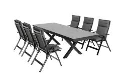 Clearance Serro Garten-Essgruppe, anthrazit matt/schwarz/anthrazit Alu/Steinimitat/Textilene, 200/260 x 100 cm, 6 Klappstühle inkl. 6 Auflagen Garten-Essgruppen