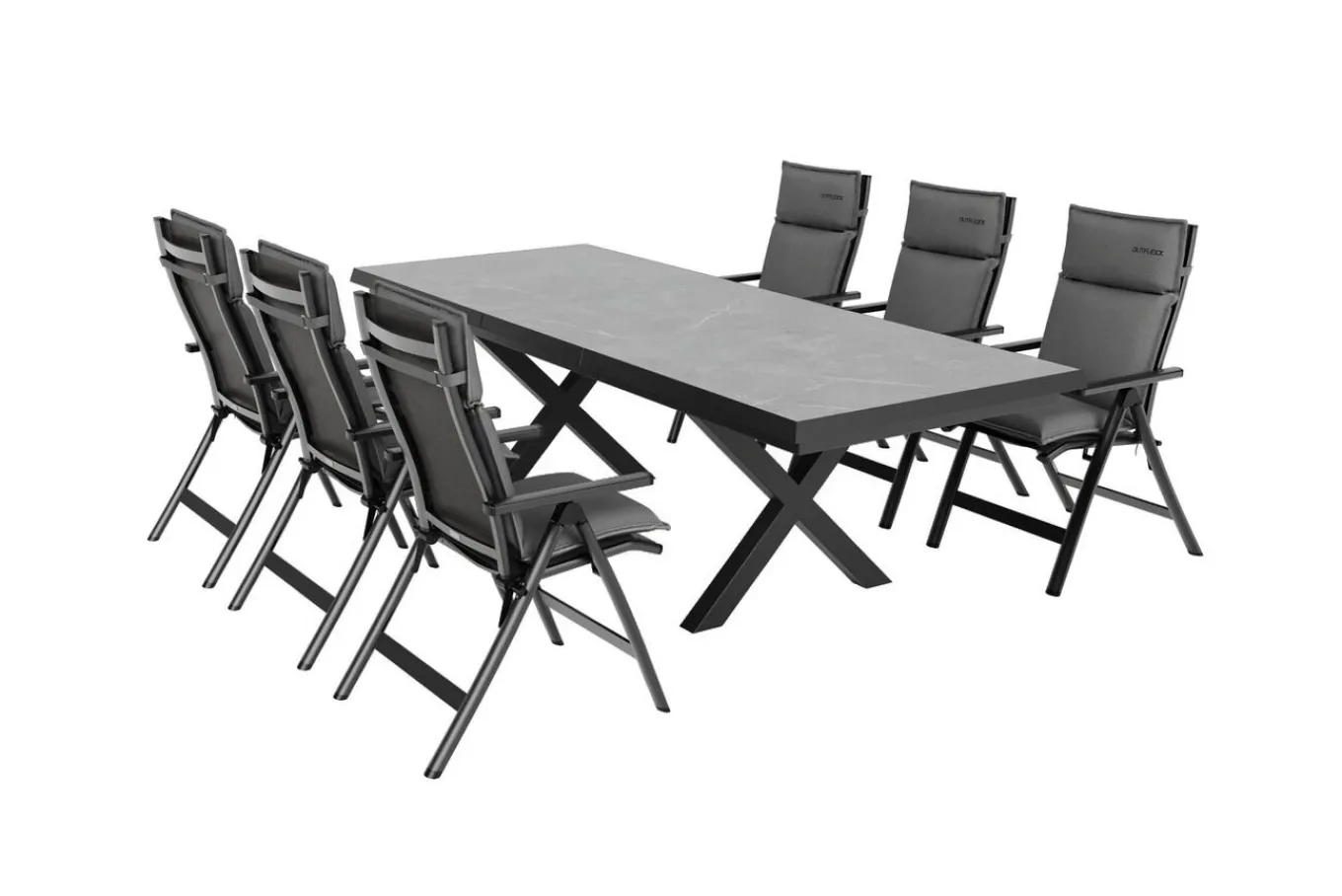 Clearance Serro Garten-Essgruppe, anthrazit matt/schwarz/anthrazit Alu/Steinimitat/Textilene, 200/260 x 100 cm, 6 Klappstühle inkl. 6 Auflagen Garten-Essgruppen