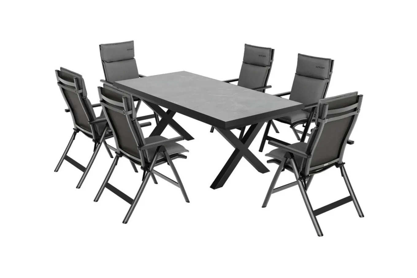 Clearance Serro Garten-Essgruppe, anthrazit matt/schwarz/anthrazit Alu/Steinimitat/Textilene, 200/260 x 100 cm, 6 Klappstühle inkl. 6 Auflagen Garten-Essgruppen