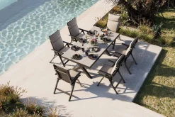 Outlet Serro Garten-Essgruppe, anthrazit matt/schwarz/grau/nature, Alu/Steinimitat/Textilene, 200/260 x 100 cm, 6 Klappstühle inkl. 6 Auflagen Garten-Essgruppen